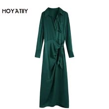 MOYATIIY – robe chemise mi longue en Satin pour femmes, élégante, verte, douce au toucher, avec Slash, manches longues