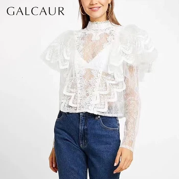 

GALCAUR Sexy Perspective Lace Women's Blouses For Women Patchwork Ruffles Shirts Female Fashion 2020
