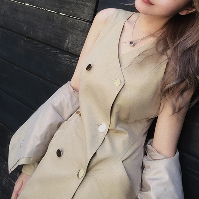 Комплект из двух предметов, длинный рукав, отложной пуховик с жилетом без рукавов, мини-платье, Женская Осенняя корейская мода