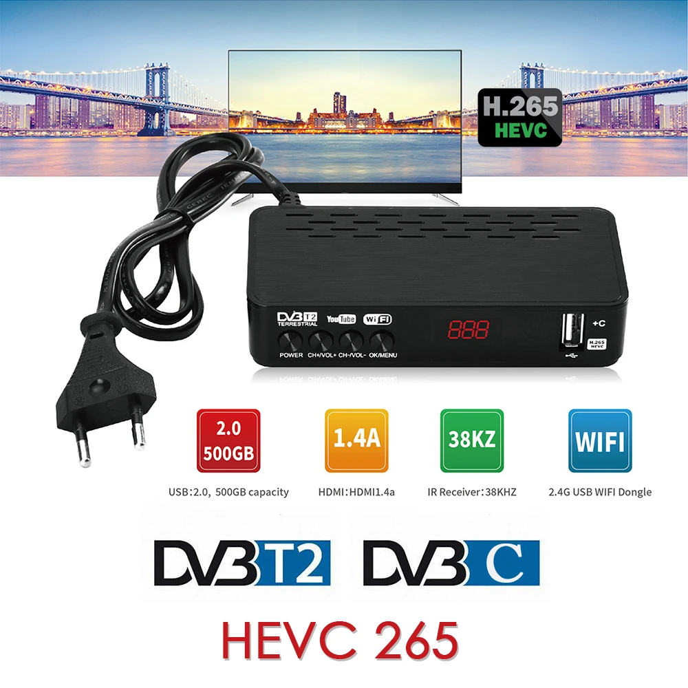 Ресивер для телевизора DVB T2 HEVC 265 цифровой ТВ приемник тюнер FTA Full HD H.265 DVBT2