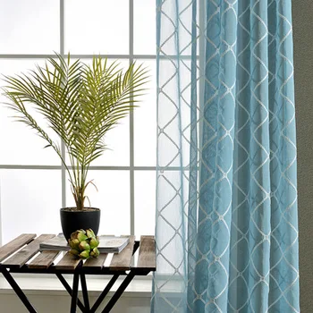 

Idyllic Curtains for Living Dining Room Bedroom Small Fresh Diamond-shaped with Vertical Curtains Embroidered Pink and BlueTulle