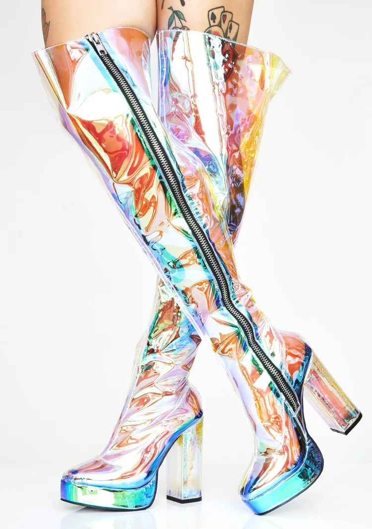 

Newest Women Multi Color PVC Boots High Heels Over the knee Boots Ladies Pointed Toe Platform Boots Clear Chunky Heels