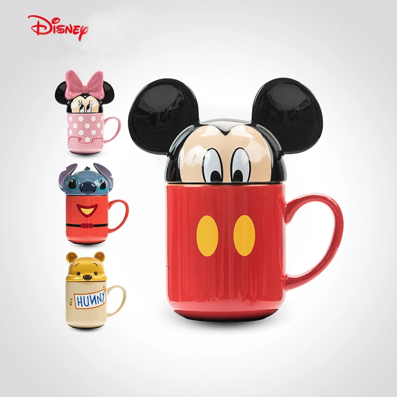 

Disney Fashion Cute Cartoon Ceramic Cup Mickey Minnie Stitch Stereo Mug with Cover cups and mugs