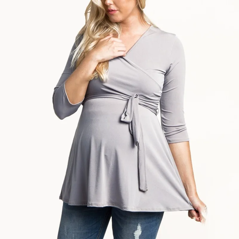 Pure spliced V-neck with waistband seven-minute sleeve wrapped Maternity Sweater pull-down nursing suit breastfeeding clothes