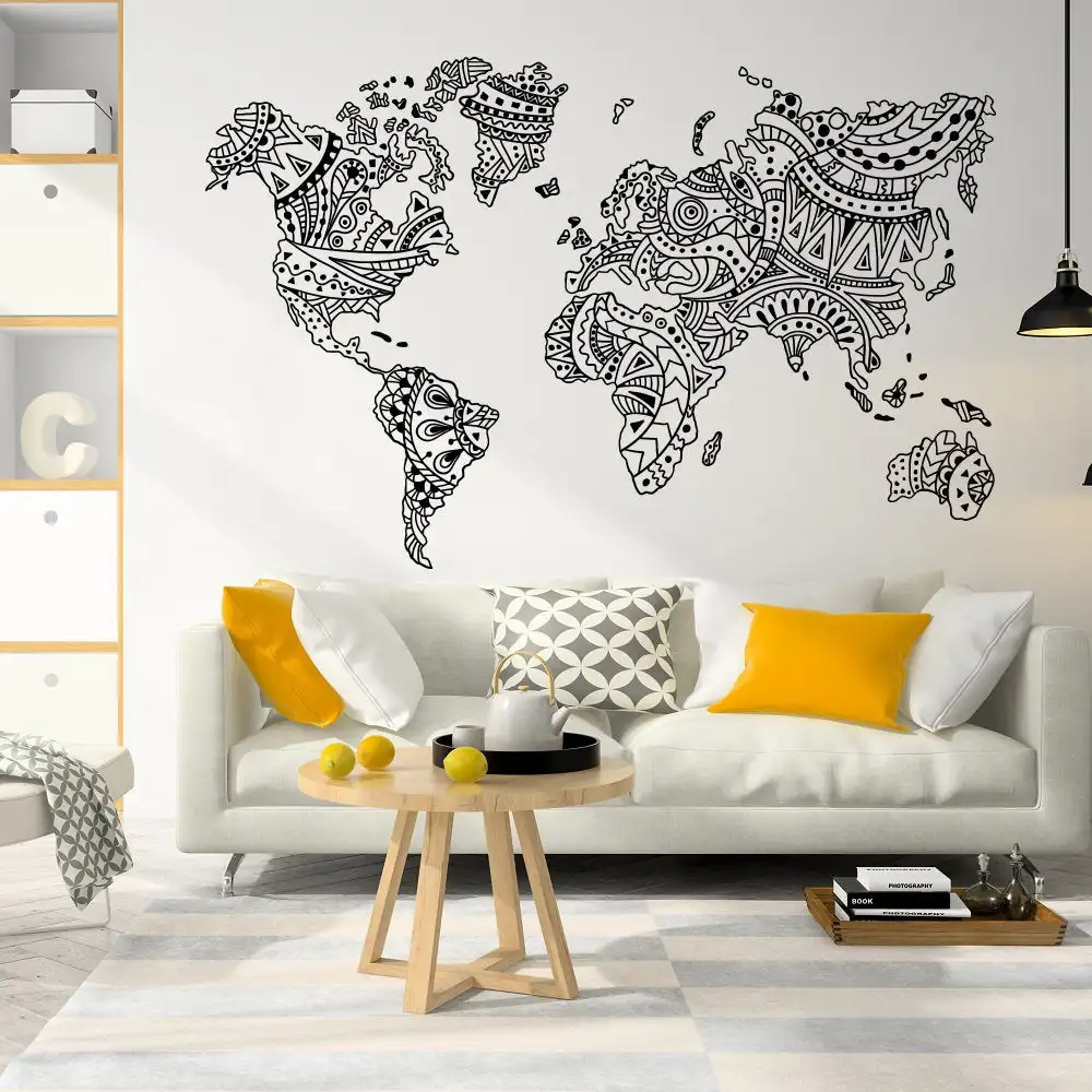 World Map Mandala Wall Decal Boho Decor Ideas Vinyl Wall Sticker Removable Living Room Wall Decoration Art Wallpaper Mural Y43