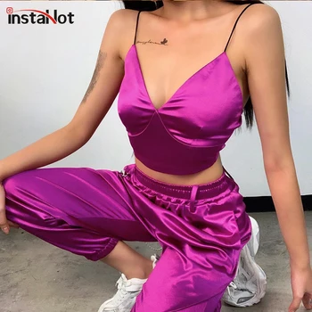 

InstaHot V-neck Sexy 2 Piece Set Women Casual Loose Cargo Pants Jogger Pant Elastic Waist Backless Strap Crop Tops Streetwear