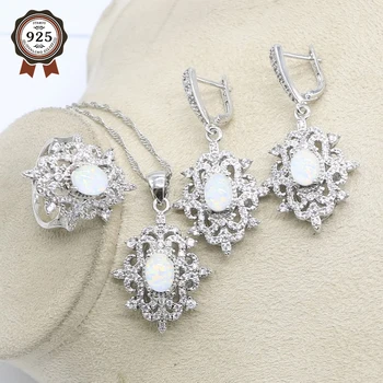 

Silver Jewelry sets For Women 925 Sterling Silver White Opal Ring Earrings Pendant Set Fashion Jewelry