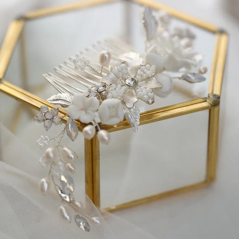 Floralbride Handmade Freshwater Pearls Ceram Flower Bridal Hair Comb Wedding Headdress Hair Accessory Bridesmaids Women Jewelry