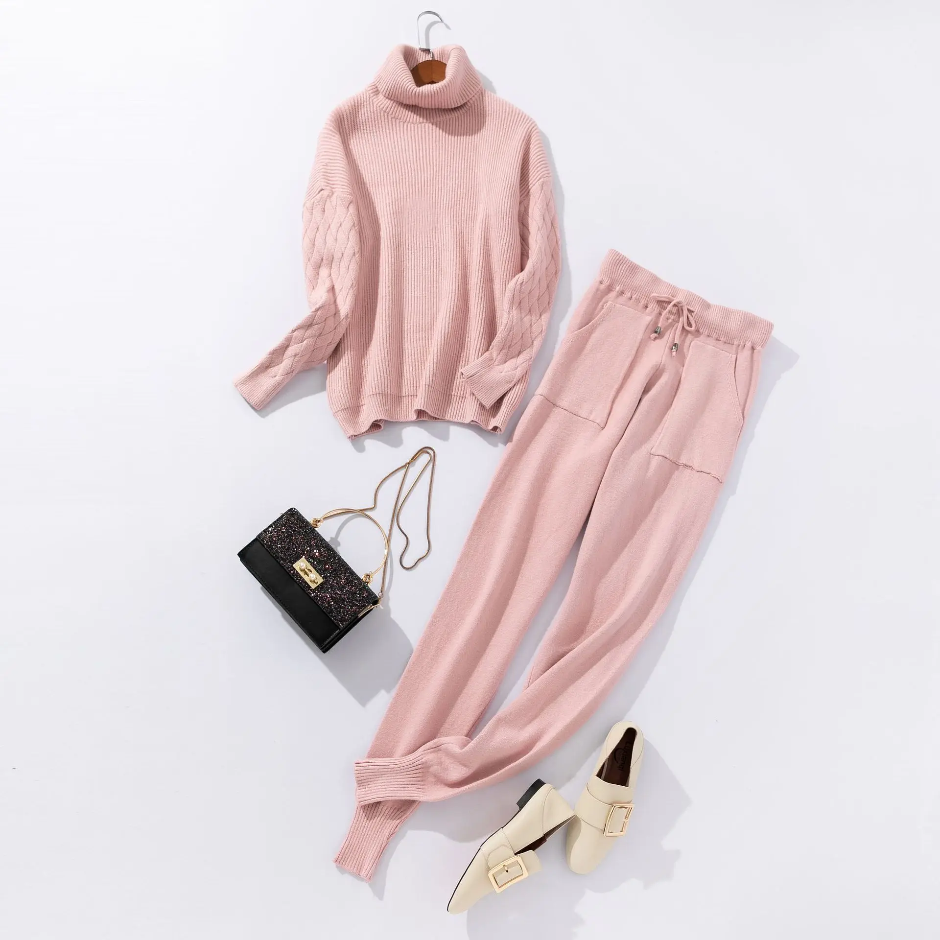 Комплект из 2 предметов женские осенне-зимние пуловеры с высоким воротом+ свободные однотонные брюки с высокой талией женские модные теплые спортивные трикотажные наборы - Цвет: pink