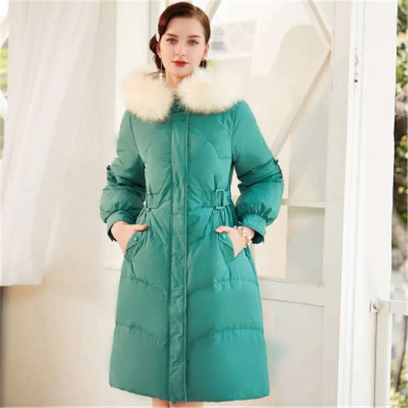 

Down Jacket Women's Long Section 2020 New Winter Down Slim Body Hair Collar Waist Large Size White Duck Down Ladies Coat 886