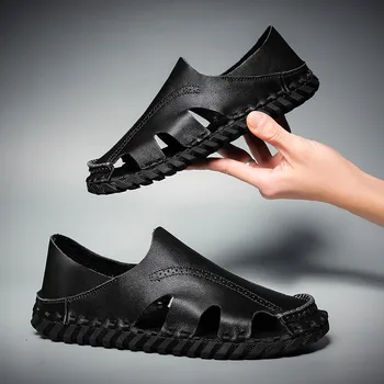 

New Sandals Men Leather High Quality Beach Outdoor Sandals Comfortable Footwear Rubber Shoes 2020 Big Size 44 Microfiber Leather