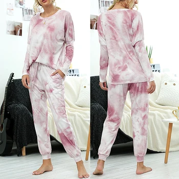 

Womens Tie Dye 2 Piece Set Tracksuit Long Sleeve O-Neck T-Shirt Trousers Set Loose Lady Pajamas Outfits Lounge Wear Homewear