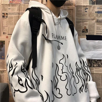 Streetwear ladies flame print pullover hoodie oversized Harajuku style hoodie plus size winter sweatshirt Korean