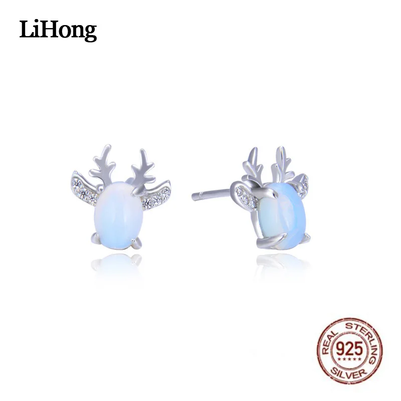 

New Stud Earrings For Women Casual Simple Creative Cute Deer Head Shape Zirconium-Inlaid Synthetic Moonstone Earrings Jewelry