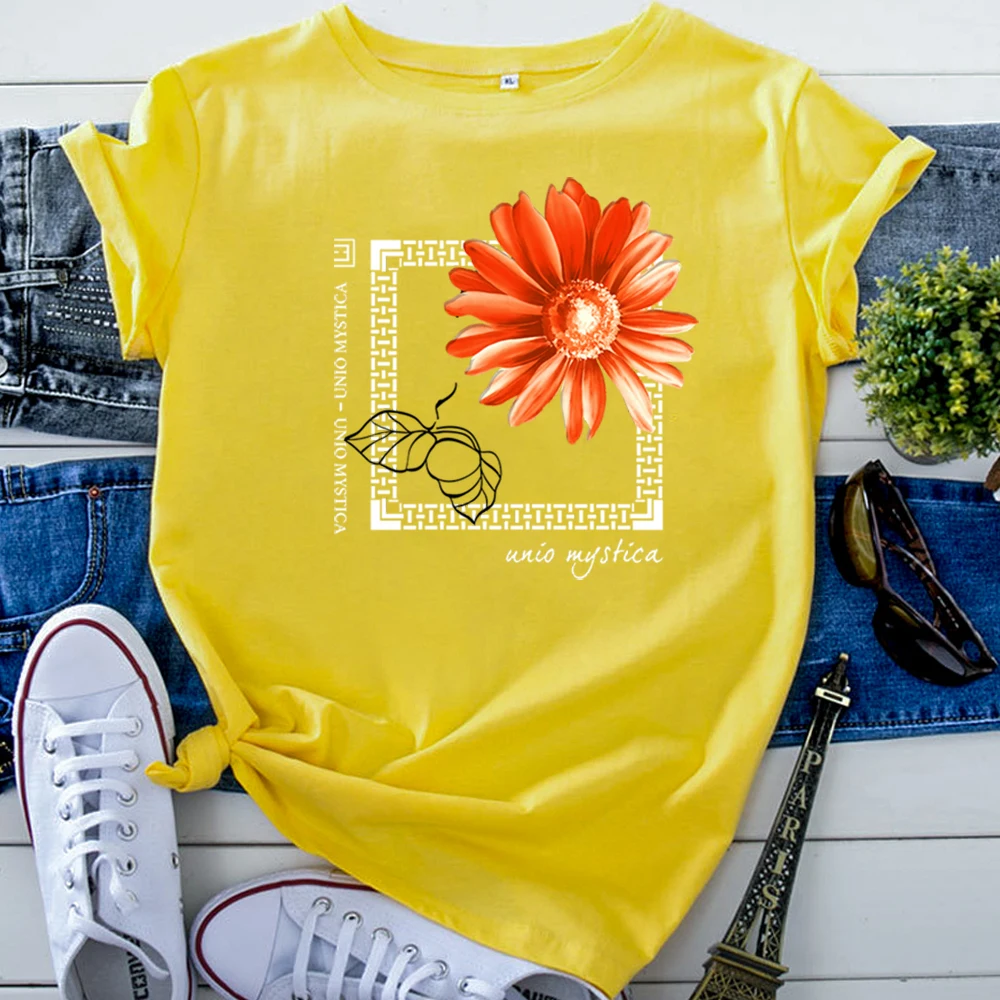 Tshirt Chrysanthemum Personality Pattern Printing Women'S Tshirt Korean Style T-Shirts For Woman Vintage Big Women Clothing