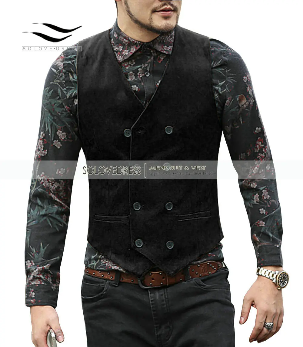 2024 New Men's Vest Suede Suit Vest Casual Double-breasted V-neck Waistcoat Classic/vintage/Denim jacket  Groomsmen ，Brown 4