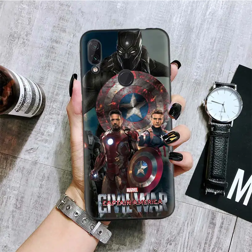 С принтами "Marvel", "Мстители", черная крышка чехол для телефона для Xiaomi Redmi Note фотоаппаратов моментальной печати 8 7 7S 7A 6 S2 GO K20 Pro 6A mi 6X 5X A1 CC 9 8 Coque - Цвет: BA075-7