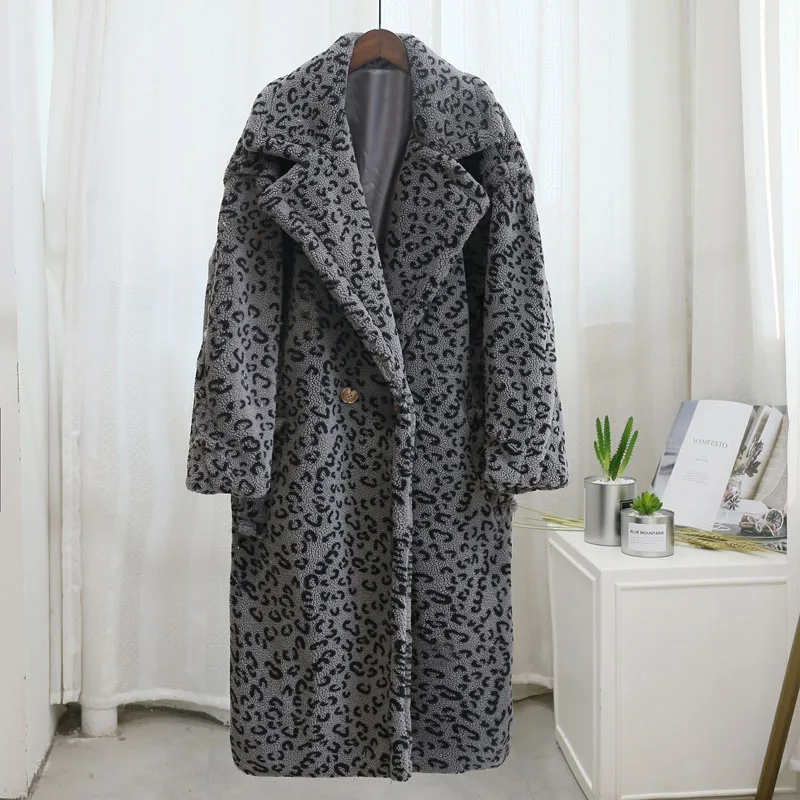 Больше размера d леопардовая длинная куртка с плюшевым мишкой пальто для женщин зимнее женское пальто массивная верхняя одежда размера плюс куртки из искусственного меха ягненка - Цвет: gray leopard