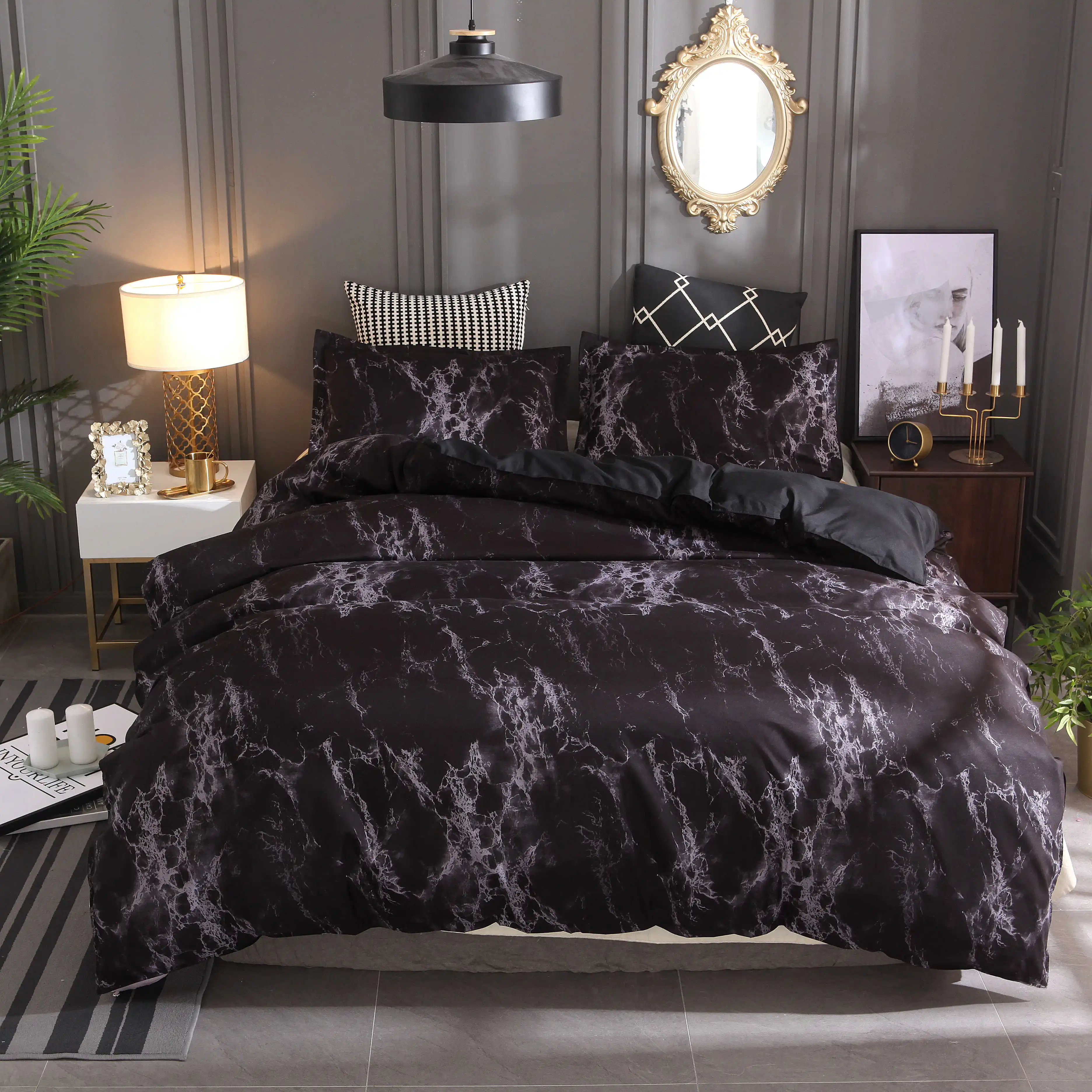 

Fashionable home textile simple printed bedding comfortable warm stone quilt three-piece set