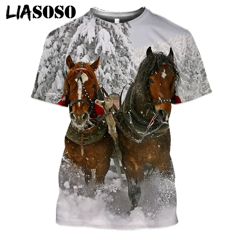 LIASOSO 2021 3D Print Robust Horses Snow Anime Horse Animals Tshirt Women Men Casual T-shirt Pullover Short Sleeve Large Clothes