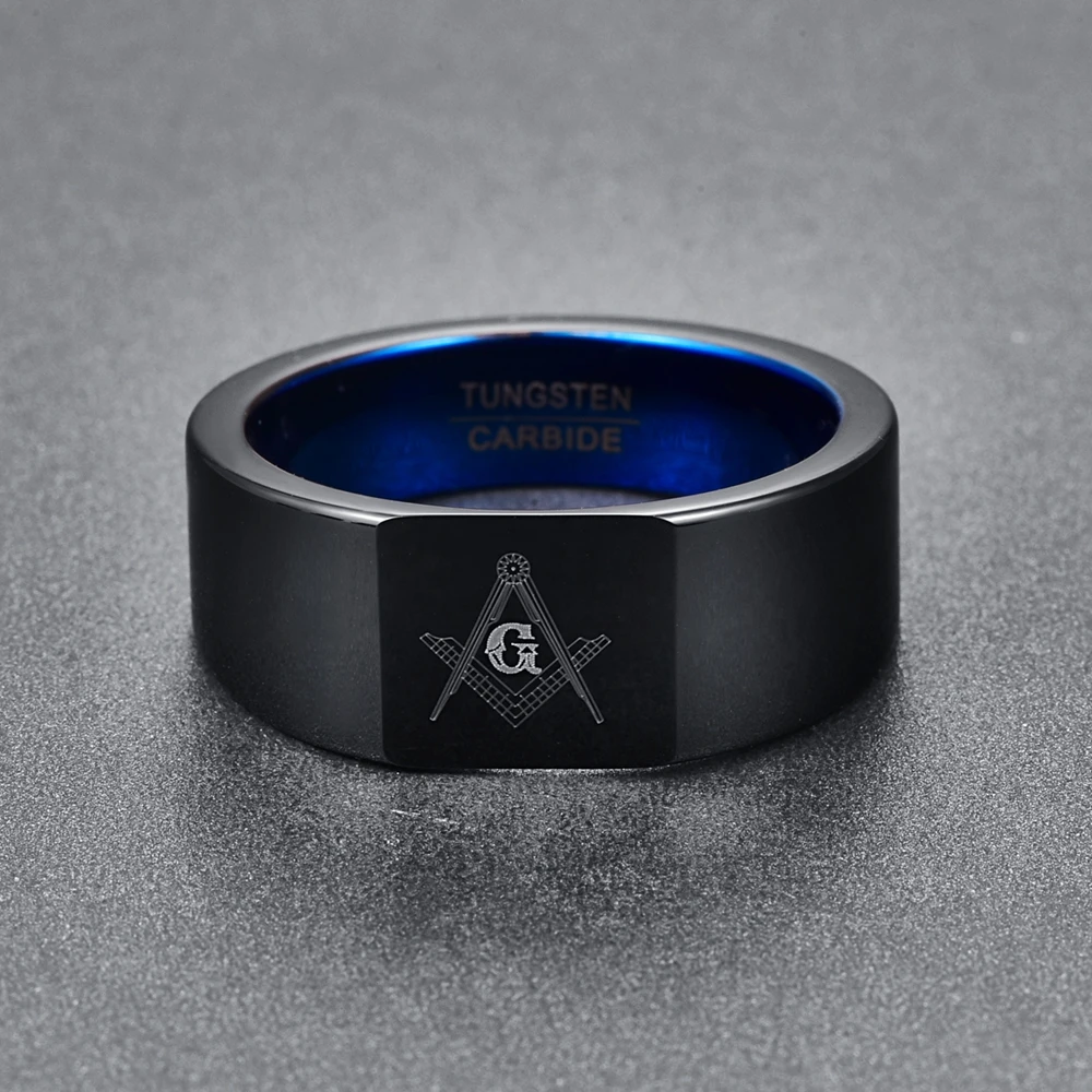 Personality 10mm Retro Big Head Style Tungsten Carbide Rings Vacuum Plating Black with Blue Rings Laser Masonic Sign  Jewelry 4