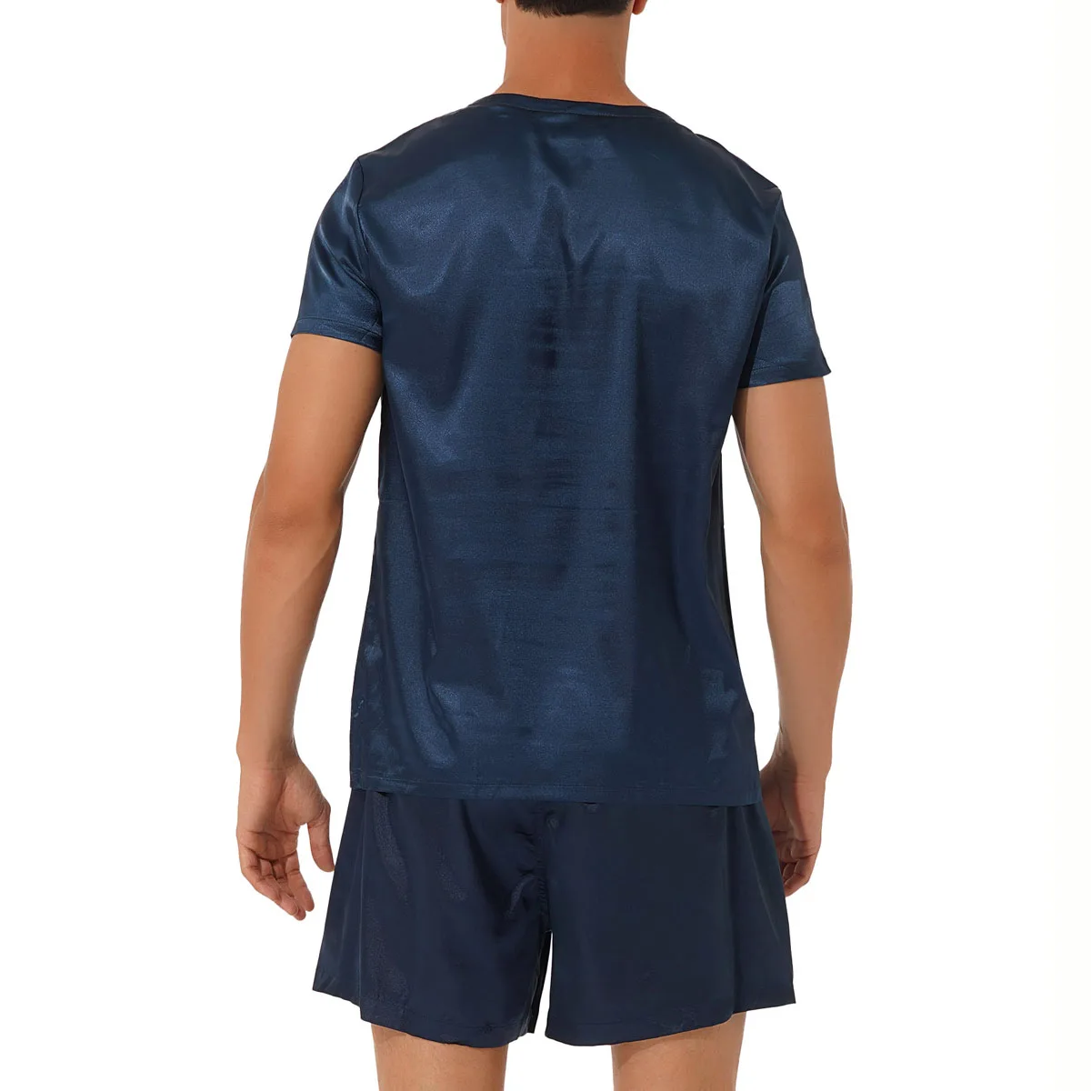 Men's Silk Satin Pajamas Set Short Sleeve Top and Boxer Shorts Sleepwear Loungewear