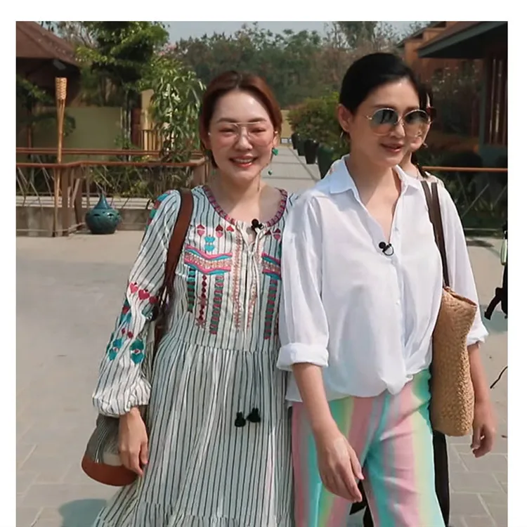 

We Are Real Friends Small S Dee Celebrity Style Dress Cotton Stripes Embroidered Ethnic-Style Long Skirts Women's