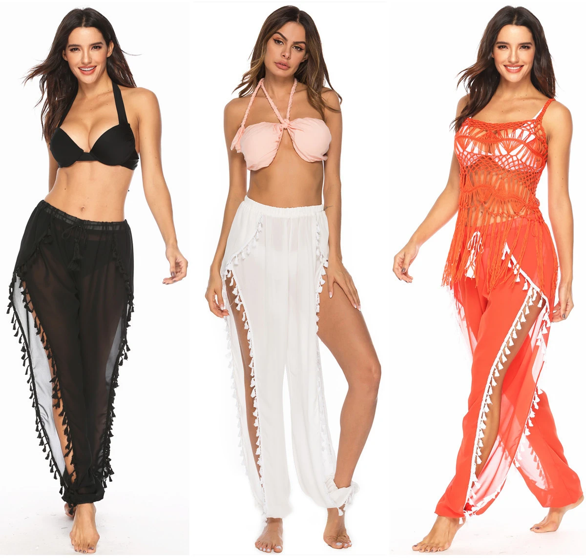 sexy swimsuit cover ups See Through Side Split Tassel Beach Pants Women Swimwear Bikini Cover up Bottoms Sheer Trousers Lace-up High Waist Beach Pants Beach Robe Cover Up