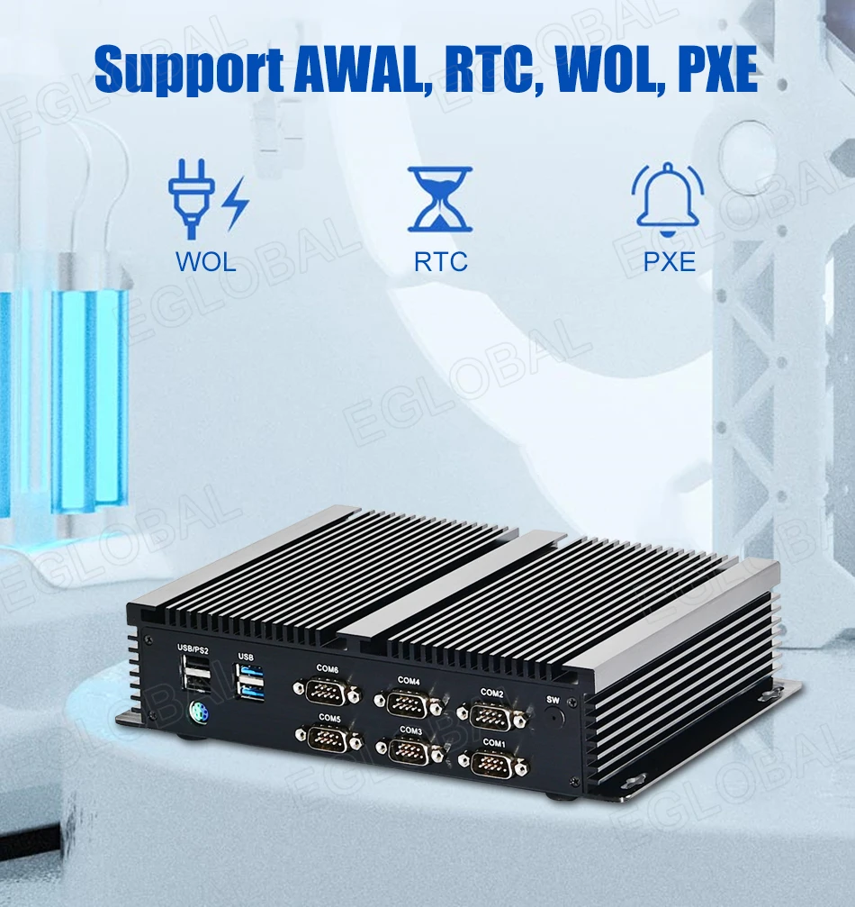 Elevate Your Operations with the Eglobal Industrial Fanless Mini PC - 6 COM, 2 LAN, Windows/Linux, Barebone System. Experience 7/24 Hours Working, 4 USB 2.0, 4 USB 3.0, and WIFI. Upgrade your industrial setup with this high-performance computing solution! Description Image.