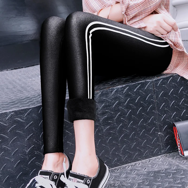 

Women's Autumn and Winter Korean Version of The Thin Shiny Pants Women Plus Velvet Thickening Leggings Ladies Warm Nine Trousers