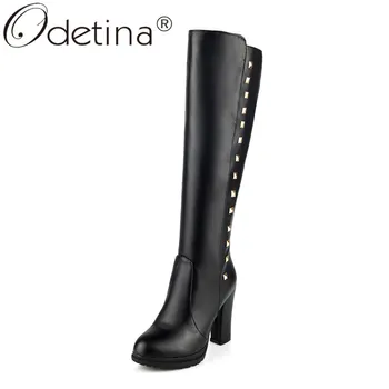

Odetina Women Platform Block High Heel Knee High Boots Side Zip Up Rivet Round Toe Winter Riding Half Boots Studded Plus Size 43
