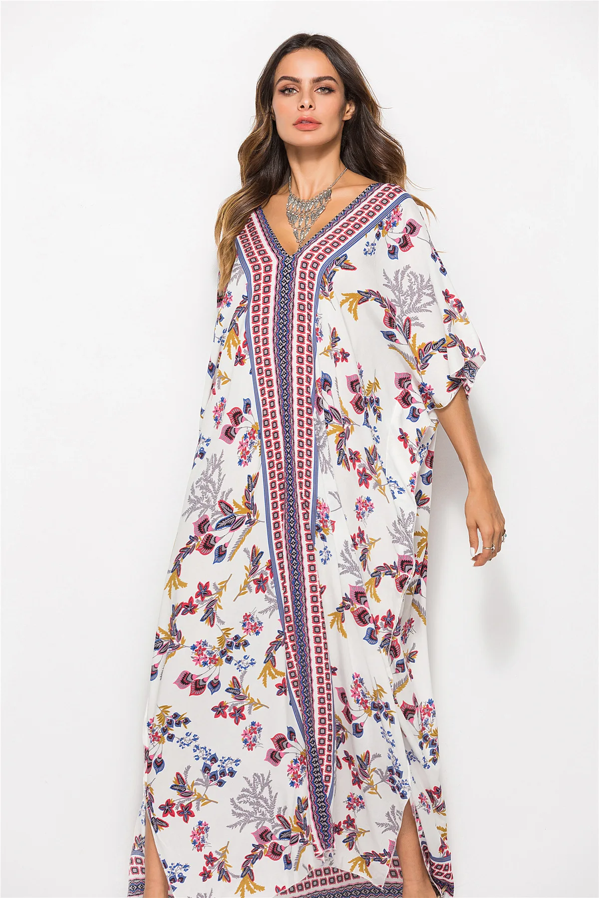 New Printed Bohemian Women Maxi Dress Batwing Sleeve Holiday Beach Wear Fashion Muslim Abaya Dubai Arabic Moroccan Robe VKDR1767