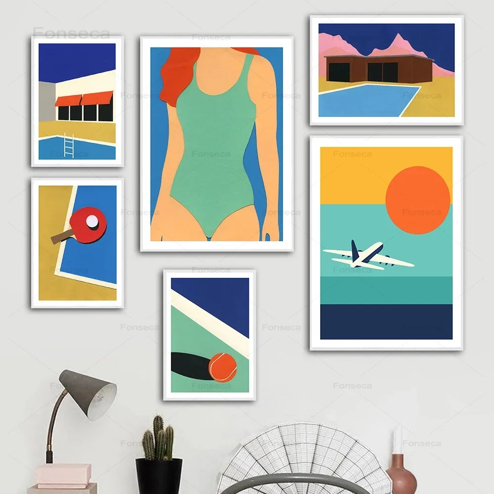Cartoon California Swimsuit Posters Canvas Painting Wall Art Aircraft Arizona Tennis Picture Nordic Prints Bedroom Home Decor | Дом и сад