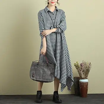 

Stylish Women Plaid Checked Sundress ZANZEA Vintage Asymmetrical Shirt Dress Spring Lapel Neck Long Sleeve Work Vestido Kaftan
