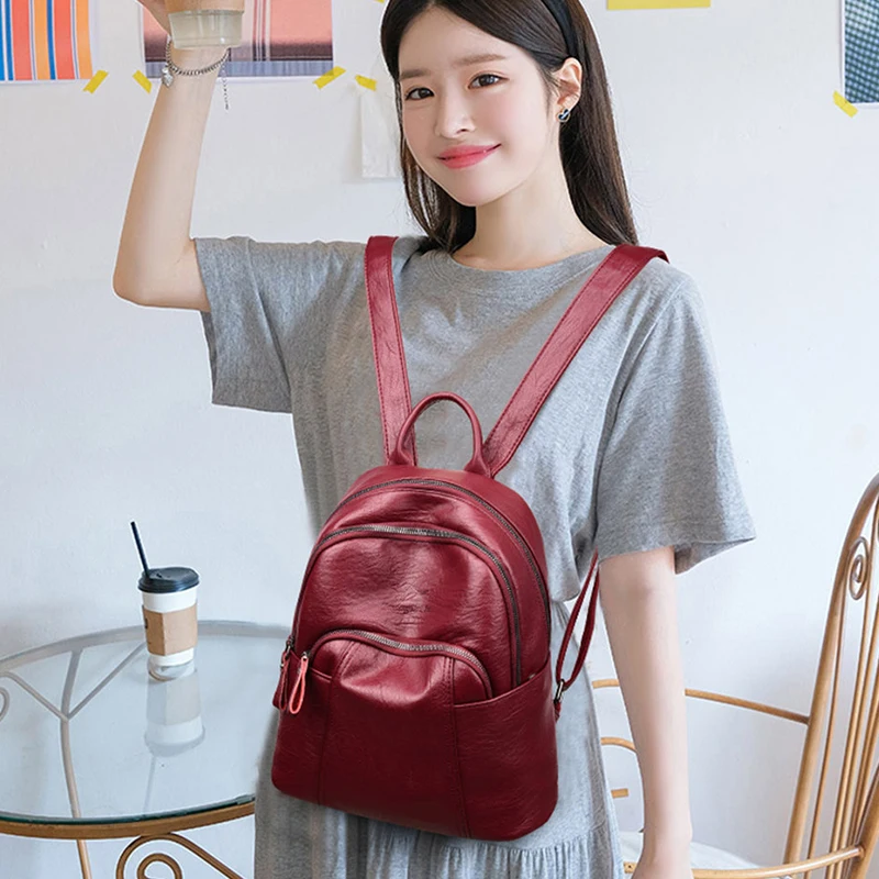 Bagpack Women Leather Backpack High Quality Female Shoulder Bag Casual Solid Backpack Purse School Bag For Teenage Girls Mochila