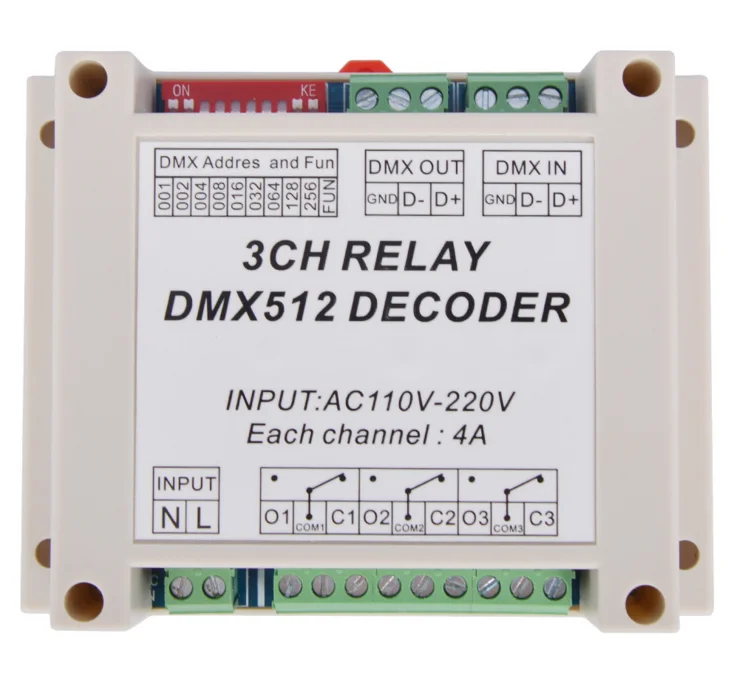 

AC110-220V DMX512 Контроллер релейный ДЕШИФРАТОР 4A 3-канальный релейный переключатель