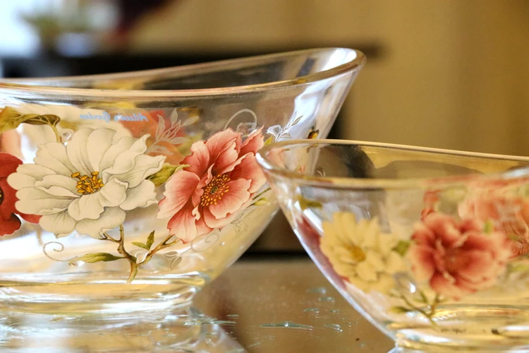 Peony pattern transparent thickened glass deep dish with handle soup bowl salad bowl Heat-resistant