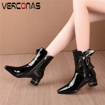 

VERCONAS Autumn Winter Ankle Boots For Women Butterfly-Knot Office Lady Thick Heels Shoes Woman Concise Side Zipper Basic Boots