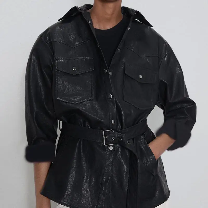 

Autumn Trend Lapel Streetwear Red Plaid Jacket Roll Panelled Single Breasted Pu Leather Jacket Coat Lapel Women Jacket Coat