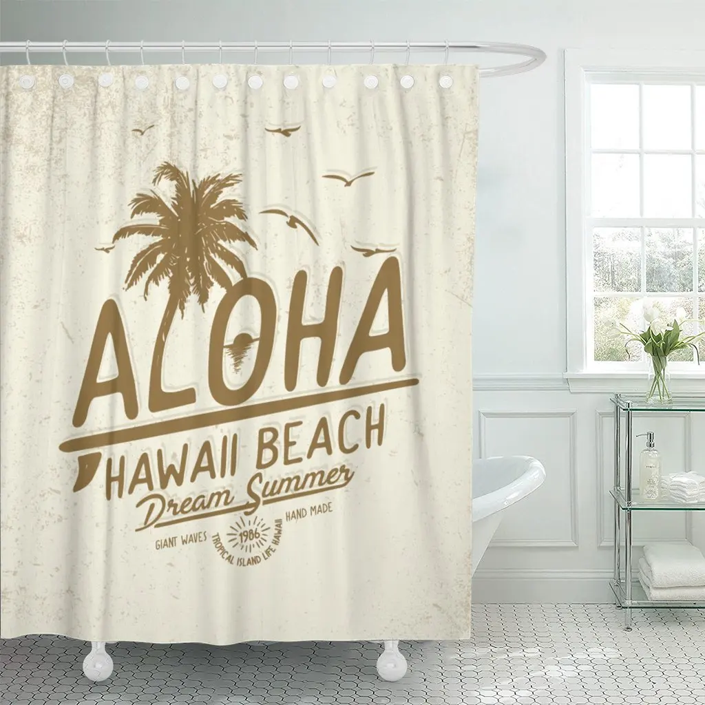 Pineapple Aloha Hawaii Summer Tee Beach Surf Text Travel Shower Curtain Waterproof Fabric 72 x Inches Set with Hooks | Дом и сад