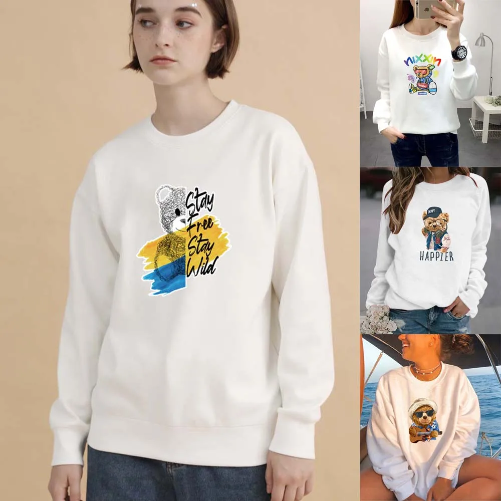 Ladies Fashion Sweatshirt O-neck Oversized Loose Cute Cartoon Bear Print Spring and Autumn Thin Sports Pullover  Harajuku Top