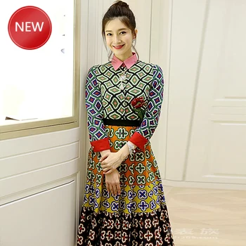 

Elegant DressHigh quality designer Milan spring women's office party beach casual fashion vintage printed long sleeves dress