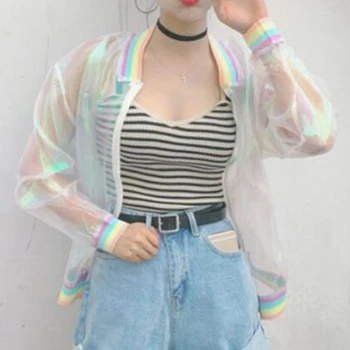 

Streetwear Jacket Rainbow Bomber Women Clear Iridescent Summer Hologram Basic Coat Sunproof Laser Transparent Jackets For Party