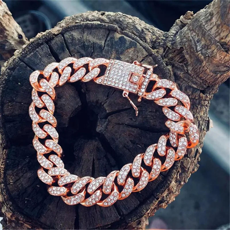 Хип-хоп Розовый Красный Bling Iced Out браслеты Полный AAA кристалл проложить мужской браслет кубинские звенья цепи браслеты для мужчин ювелирные изделия