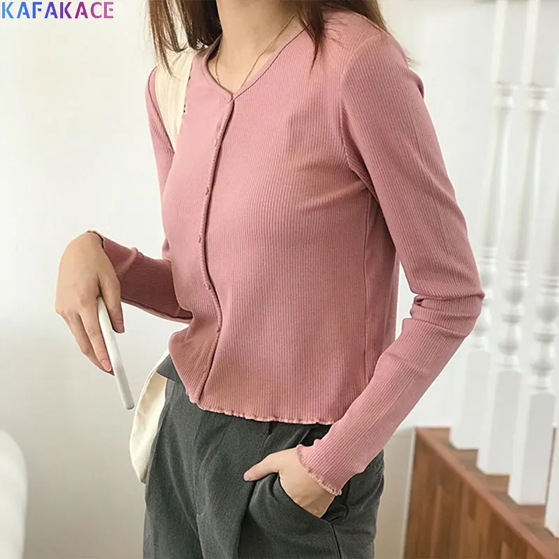 

KAFAKACE 2020 Women T-Shirt Basic V-Neck Cotton Knitting Buttons Tops&Tees Casual Long Sleeve Korean Bodycon Show Thin Pullover