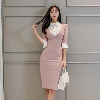 

Spring New Shirt Dress Women Midi Bodycon Solid Single Breasted Pencil Office Lady Cloth Work Female Vestidos