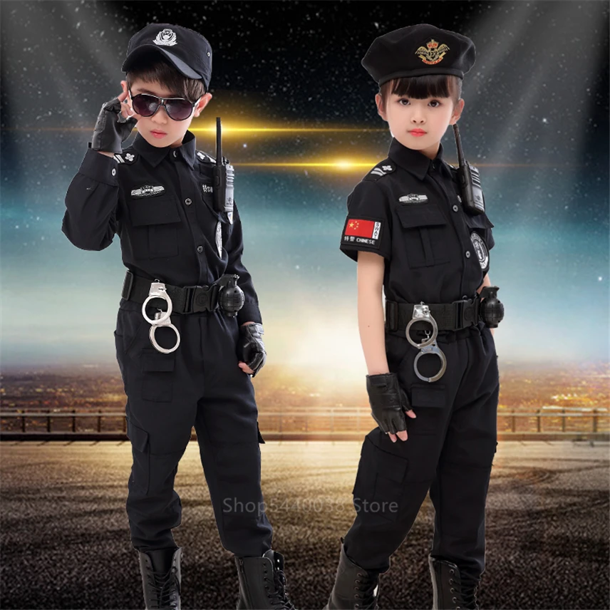 Günstig Kinder Verkehrs Spezielle Polizei Halloween Karneval Party Leistung Polizisten Uniform Kinder Armee Jungen Cosplay Kostüme 110 160CM
