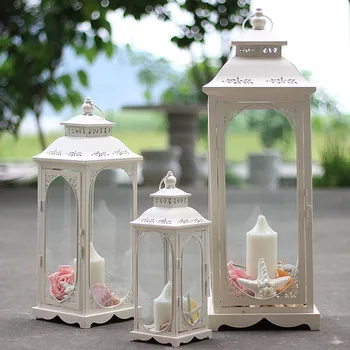 

White Glass Candlestick Iron Holder Windproof Candle Lantern Metal Decor Courtyard Wind Light Bougeoir Wedding Centerpieces FC93