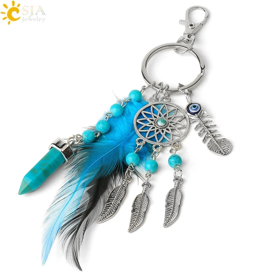 Sky Blue Dream Catcher Keychain Key ring Brown Feather Handmade Handcraft Charm 