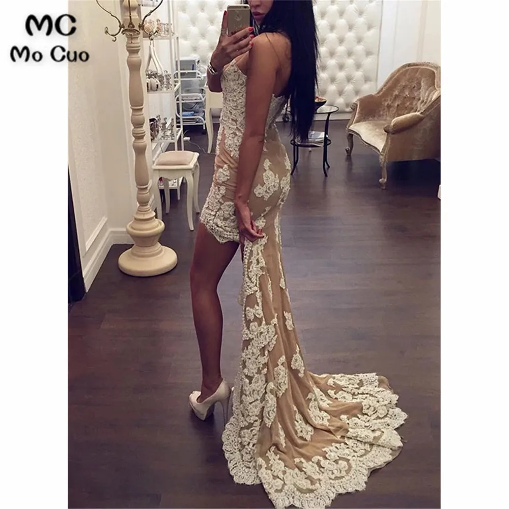 Unique mermaid lace prom dress white train, lace evening dress (2)